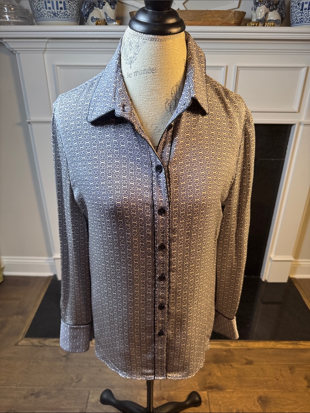 Tory Burch Navy and White Geometric-Print Blouse 12